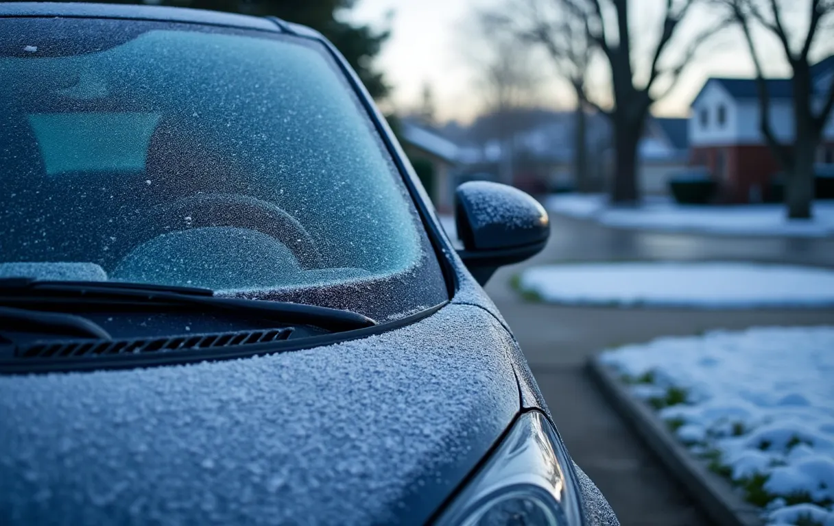 Bereiftes Auto auf einer Einfahrt an einem kalten Wintermorgen, Eiskristalle auf der Windschutzscheibe